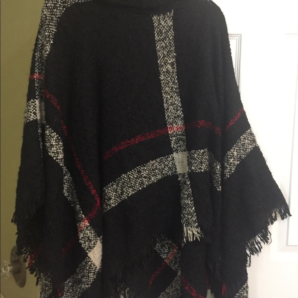 Black, red, white turtleneck plaid poncho
